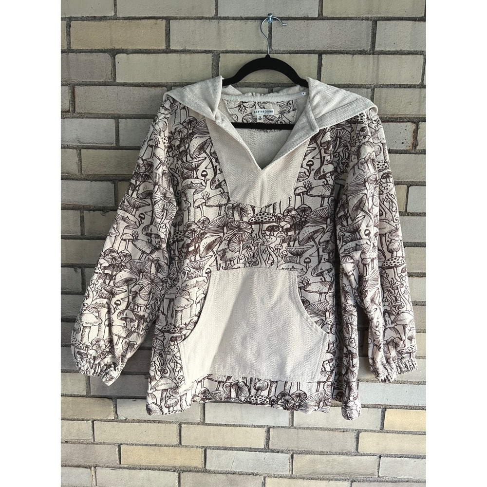 Earthbound Trading Co Mushroom Print Hoodie Brown Tan Hooded Pullover Size Small